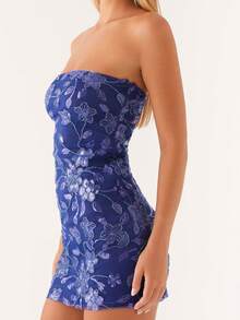 Sequin Beaded Floral Dress Sexy Women Strapless Tube Dress Y2K Off The Shoulder Mini Dress Sparkly Glitter Bodycon Short Dress Bandeau Dress Party Clubwear - 藏蓝色 - 查看 4