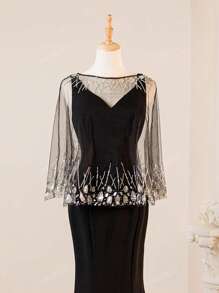 Nuovo mantello/scialle scintillante in paillettes e rete, abito elegante con orlo a sirena, adatto per matrimoni, eventi formali, feste, abito da festa, abito da sera, per invitati a matrimoni