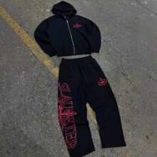 Corteiz Autumn And Winter New Print Hooded Sweater Set Sweatpants Hip-Hop Street Style Loose Casual Sweater