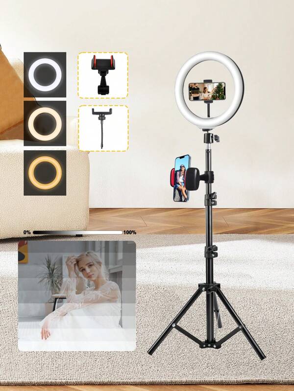 10 Inch Tri Color LED Selfie Ring Light | 43 Inch Adjustable Tripod | Two Phone Clips | USB Powered Brightness Adjustment | 3 Light Color Modes | Suitable For Live Streaming/Makeup/Video Conferencing/Photography | Outdoor Shooting/Interviewing/Party Fill Light | Compatible With Multiple Models Of Phones Compatible With Iphone Android Phone Mobile Phone LED Light With Flexible Tripod Stand & Phone Holder Suitable For Summer Vaction, Travel Holiday, Photography And Video Recording,Photo Selfie Video Recording Zoom Meeting, Handheld Selfie, Outdoor Activities, Interviews, Live Streaming,Vlogging