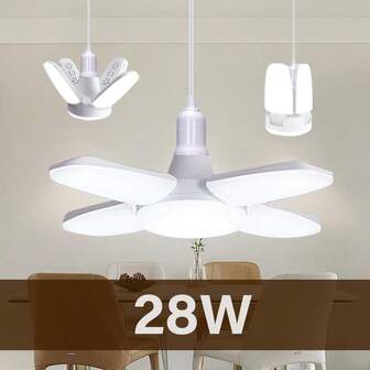 Luces LED para garaje, luz LED de taller de techo de 28 W 2600 LM 6500 K con 4 + 1 paneles deformables, iluminación LED brillante para garaje, taller, sótano, con soporte para enchufe E26/E27