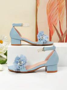 1 par de sandalias de tacón alto decoradas con perlas, zapatos de tacón alto para baile de niñas, sandalias para actividades de estudiantes y casual - Azul - Ver 2