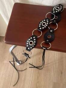 1 pieza Cinturón de mujer de material PU negro con hebilla redonda, remaches y lazo para la cintura, para verano, escuela, otoño, Halloween