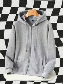 Autumn And Winter Cotton Hoodie Sweatshirt Jacket Solid Color Zipper Cardigan Versatile Sports Top - Light Grey - View 2