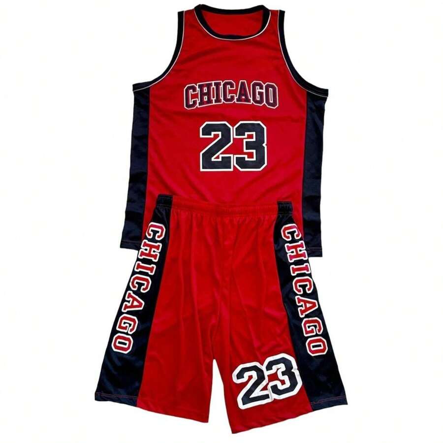 Men's Adult Sports Set T-Shirt With Basketball Shorts - Red and White - View 1