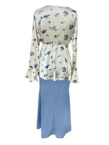 Ladies Summer Fashion Printed Shirt Top Half-Body Skirt Two Pieces Set