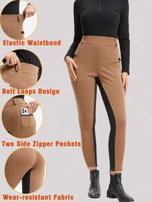 1 pieza Pantalones de montar para mujer con bolsillos con cremallera, mallas de equitación - Caqui - Ver 2