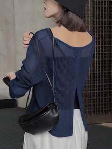 镂空露背轻薄宽松针织罩衫，女士夏季 - 藏蓝色 - 查看 2