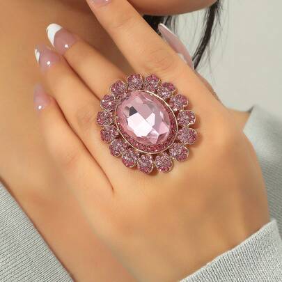 Cravure 1pc Fashionable Oval Crystal Rhinestone Adjustable Open Ring