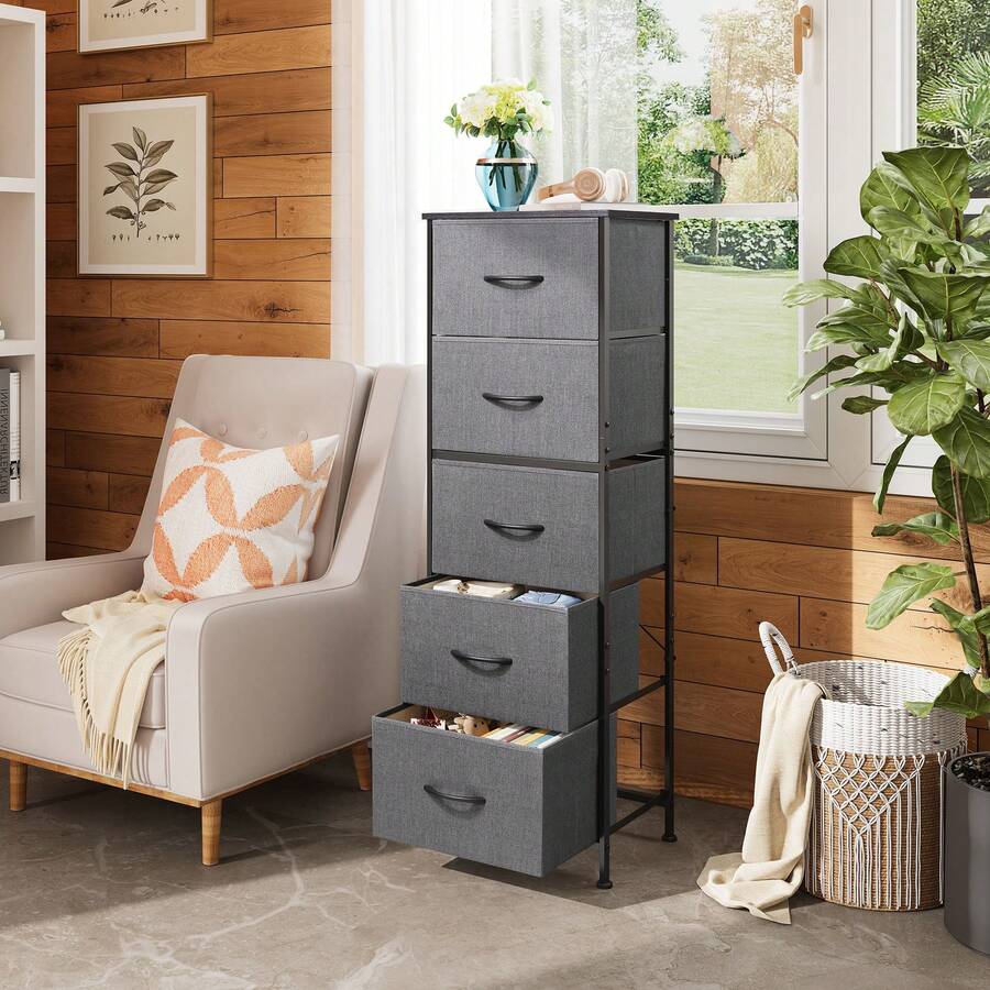 5 抽屉高布艺梳妆台，木质台面，储物整理箱，适用于卧室、衣柜、走廊，坚固的钢架，灰色抽屉整理器，开学旅行必需品房间装饰 - 灰色 - 查看 1