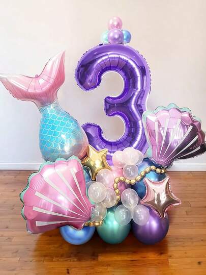 Set de 40 globos con tema de sirena para fiesta de cumpleaños, globos de lámina con números del 0 al 9 de 40 pulgadas en forma de cola de sirena y conchas, adecuado para decoración de fiesta/1er cumpleaños