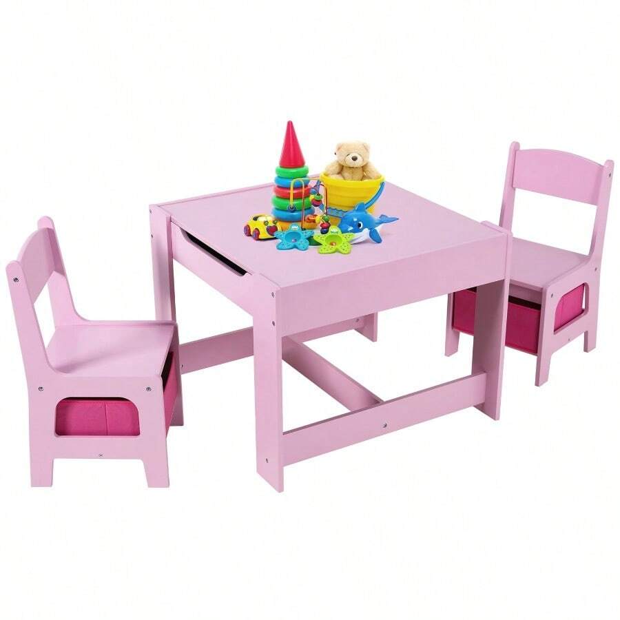 LAZY BUDDY Wooden Table And 2 Chairs Set With Storage Drawer Toddler Home Multi Activity Desk - Pink - asPic - View 1