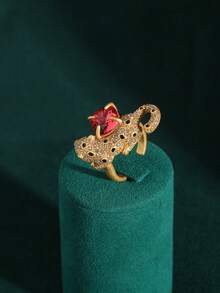 1 buc Inel deschis cu aur de 18K placat cu cupru, design cu cap de leopard cu stras, agat albastru, piatra ochi de tigru, piatra naturala si inel de cristal de sticla - Multicolor - Vizualizare 6