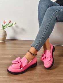 Women Flat Pink Loafers With Pointed Toe, Bow Decor, Glossy Nurse Stewardess Casual Slip-On Shoes Waterproof Platform For Commute, Lolita COS - Pink - View 4