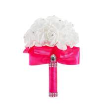 Artificial Wedding Bride Bouquet Handheld Bridesmaid Flower With Ribbon - Rosa Fucsia - Ver 2