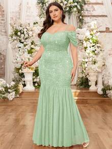 Đầm dạ hội dài size lớn trễ vai đính sequin ren hoa phối lưới bèo nhún đuôi cá, thanh lịch cho khách mời, lễ tốt nghiệp, lễ hội, tiệc homecoming - Màu xanh Bạc hà - Xem 6