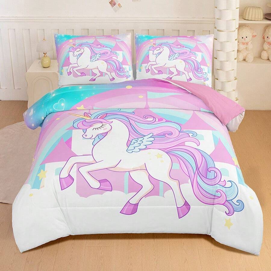 2pcs Dreamy Unicorn Bedding Set - Pastel Rainbow Cloud & Star Design, Cute All Season Comforter Set Twin Size Comforter For Girls Unicorn Bedding Set - Pink - View 1