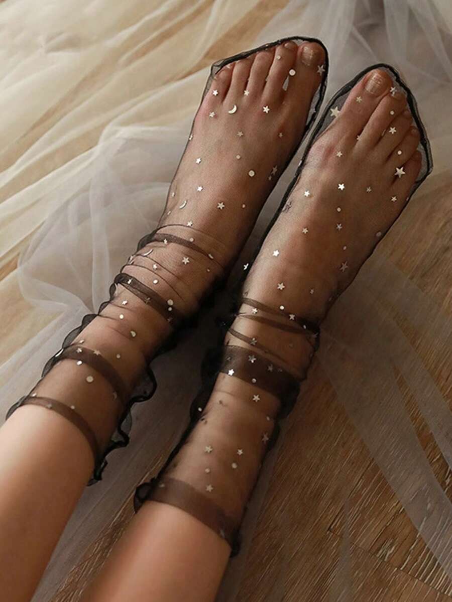 1pair Women's Solid Color Ultra-Thin Star&Moon Decorated Mid-Calf Socks, Suitable For Spring&Summer - View 1