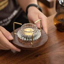 1 pieza Juego de Portavelas Multiusos y Calentador de Té, Base de Madera de Nogal para Calentar Té, Diseño Elegante de Portavelas de Vidrio, Juego de Portavelas para Crear Ambiente, Calentador de Té Portátil para Fiestas de Té, Reuniones, Restaurantes, Cafés y Uso Doméstico Volver al Colegio