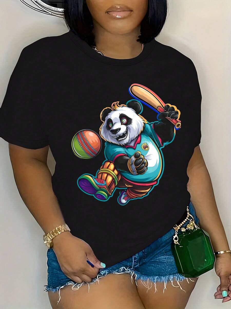 Camiseta premium de algodón negro de 180 g con cuello redondo y manga corta para mujer: estampado vibrante de panda de críquet, camiseta informal de verano, diseño gráfico de animales, uso diario suave y cómodo, moda para mujer, idea de regalo perfecta - Negro - Ver 1