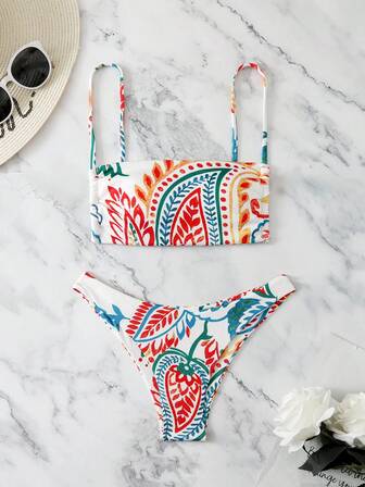 2 Pieces Set - European & American Style Women's Swimwear, 2025 Colorful Print Sexy Bikini Beach Holiday Teenager Two Pieces Swimwear Set
