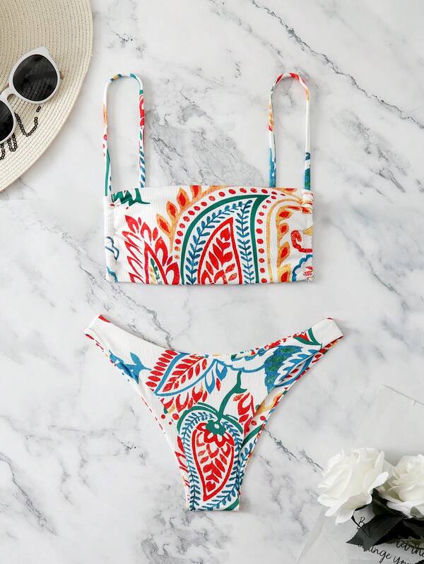 2 Pieces Set - European & American Style Women's Swimwear, 2025 Colorful Print Sexy Bikini Beach Holiday Teenager Two Pieces Swimwear Set
