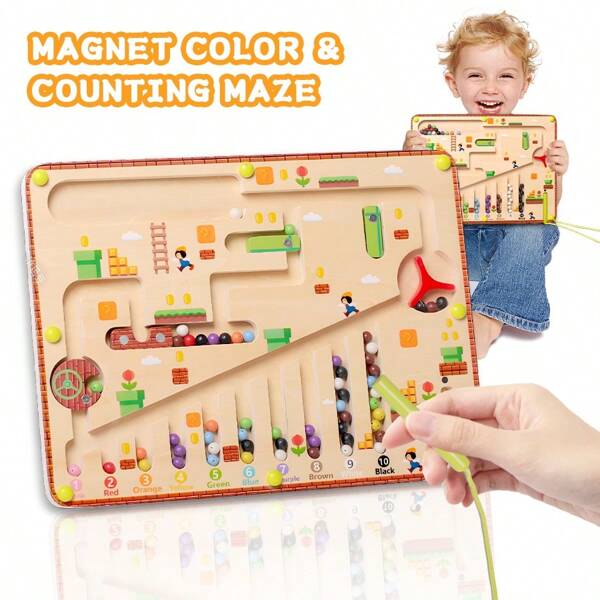 [Magnetic Learning Toy] Wooden Magnetic Maze, Magnetic Color And Number Maze, Activities Counting Color Sorting Fine Motor Skills Learning Toys For Kids Birthday, Halloween, Christmas Gifts