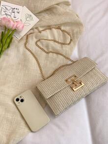 1 件简约扣环小包，草编复古简约手拿包，时尚派对信封斜挎包，女士百搭小扣包，沙滩包