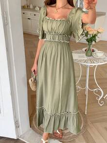 PoPoHouse Women's Dress Summer Vacation Casual Color Contrast Skirt With Ruffled Puffy Sleeves - Green - View 5