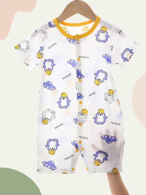 1 szt. Uroczy, miękki kombinezon niemowlęcy z nadrukiem pingwina, body z krótkim rękawem i spodenkami dla niemowląt/małych dzieci, odpowiedni do noszenia w domu i na zewnątrz