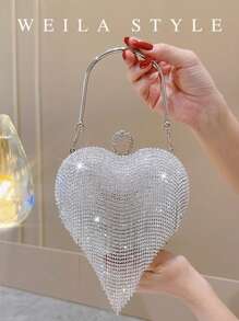 Rhinestone Embellished Heart Shaped Luxury Tassel Evening Clutch Bag, Diamond Wedding Party Handbag, Silver Envelope Purse, High-End Fashion Elegant Evening Dress Bag Crossbody Bag