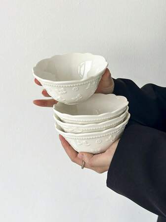 1pc/2pcs French Embossed Flower & Bow Ceramic Bowl, Breakfast Oatmeal Bowl, Fruit Salad Bowl, Afternoon Tea Dessert/Ice Cream Bowl, Household Rice/Pasta Bowl,School Supplies