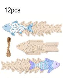 12/24 Pcs Unfinished Wooden Fish Shape Paper Cutting DIY Crafts - Hanging Decorations For Festivals, Weddings, Birthday Parties - Unique Fish-Shaped Tags, Gift Tags, Home Decor, Party Supplies