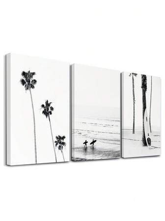 棕榈树墙饰三件套，黑白风格墙面装饰，自然油画印刷，风景家居装饰，冲浪板艺术品墙面海报，墙面装饰，热带房间装饰，客厅、卧室、浴室壁挂海报