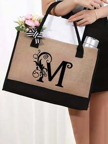 Black Khaki Patchwork Tote Bag Set, Black Vines Wrapped Around The Initial Letters A-Z, With The Same Series Of Color Block Makeup Storage Bag, Toiletry Bag, Wallet, Personalized Gift Bag, Fashionable Personalized Tote Bag - Khaki - View 7