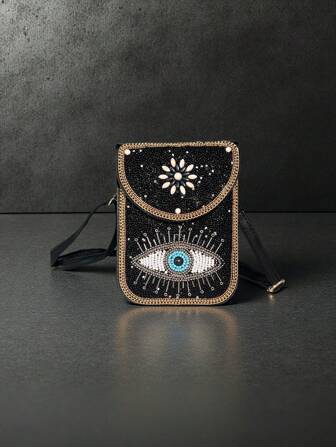 Billetera con bolso de teléfono multicapa con cuentas de ojo bohemio misterioso, de piel sintética con correa ajustable para un almacenamiento cómodo del teléfono, lápiz labial, llaves, adecuada para vacaciones y compras para mujer