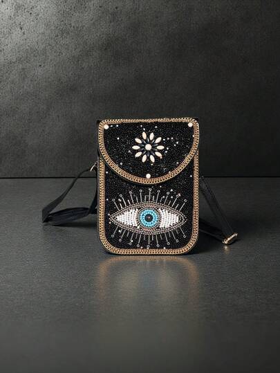 波西米亚神秘之眼串珠多层手机钱包，PU 皮革，配有可调节肩带，方便存放手机、口红、钥匙，适合女士度假和购物钱包