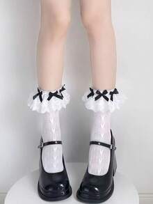 1 Pair Children Lolita Style Sweet Thin Lace Ruffle Bow Mid-Calf Socks, Spring/Summer - Multicolor - View 8