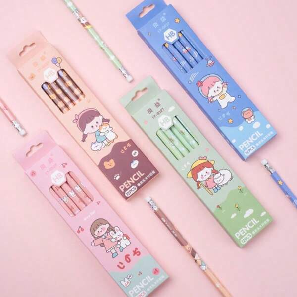 1PC,Exclusive HB Pencil Set For Primary Schoolers - Each Set Includes 12 Boxed Pencils With Adorable Cartoon Patterns And A Matching Eraser,Back To School,School Supplies,Back To School Supplies,School Essentials,Office Supplies