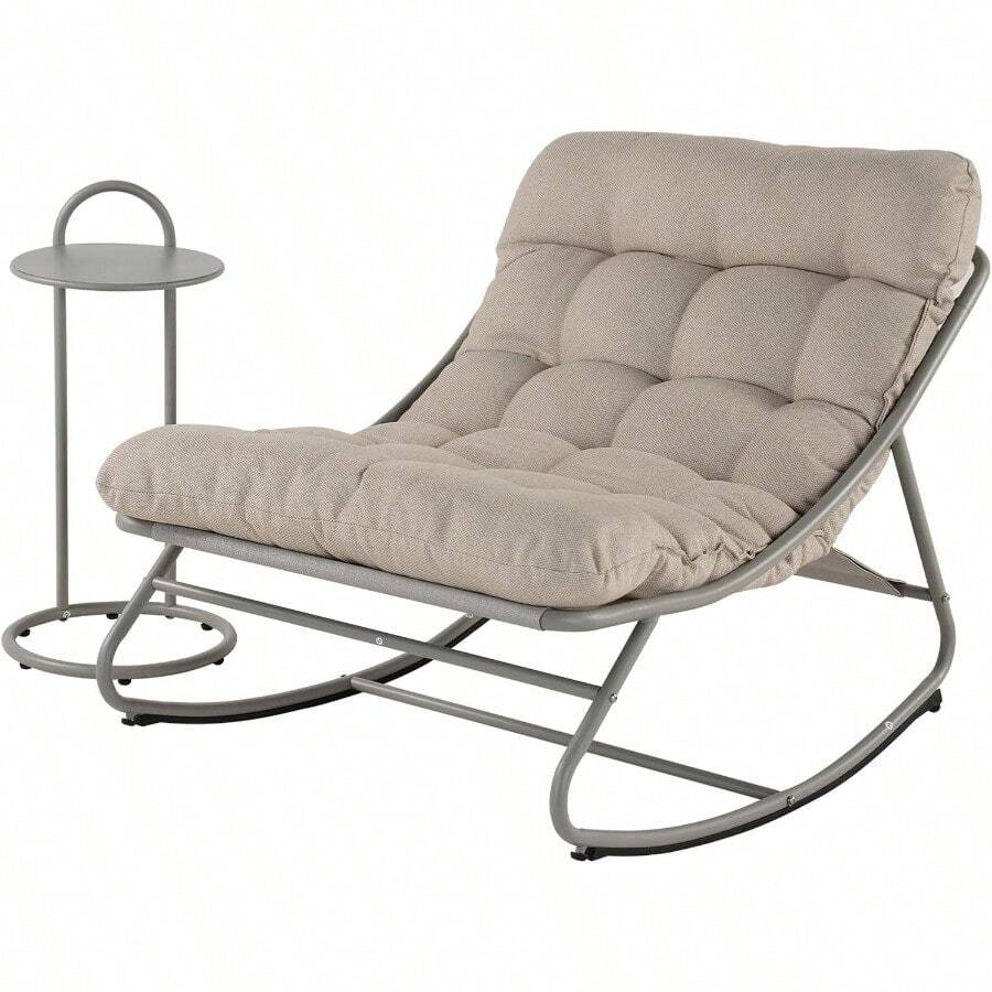 Grand Patio Rocking Chair With Side Table, Garden Chair Lounge Chair With Removable Water-Resistant Cushion For Adults, For Patio, Garden, Living Room, Sun Lounge, 330 LBS Weight Capacity. - Champagne - View 1