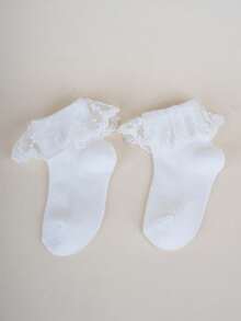 3 Pairs White Lace Trim Socks, Soft Mesh Grid, Suitable For All Seasons, School Style Baby & Girls Dance Socks - White - View 6