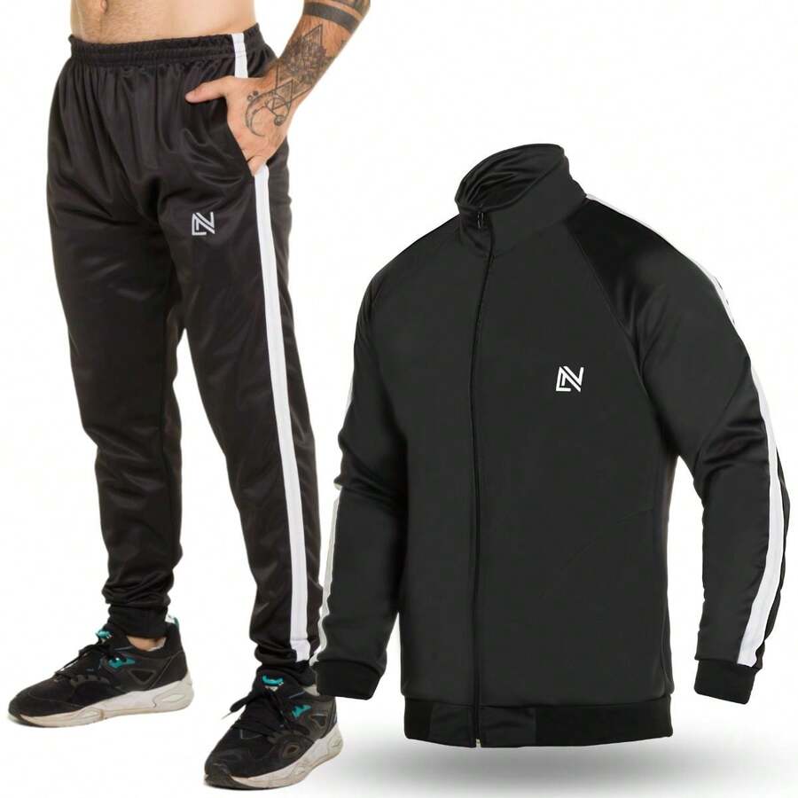 Men's Tracksuit Set Sports Gym Training - Black and White - View 1
