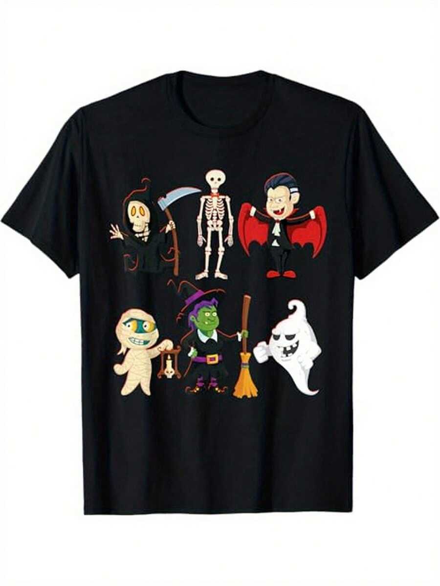 Camiseta de manga corta con cuello redondo de algodón negro de 180 g de Halloween para mujer, bonito estampado de dibujos animados con temática de parca, esqueleto, vampiro, momia, bruja y fantasma, camiseta informal cómoda para celebraciones festivas espeluznantes, regalo perfecto para fanáticos del terror, ideal para fiestas de Halloween y eventos de disfraces, camiseta de mujer transpirable y elegante para cualquier ocasión - Negro - Ver 1