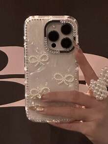 Estuche de teléfono con patrón de concha, lazo de moda de lujo 3D, perla, purpurina y cristal, compatible con iPhone 17ProMax 17Pro 17Air 17 16 15 14 13 12 Pro Max 11, cubierta trasera brillante y elegante, regalo de primavera y boda - Patrón de concha - Ver 2