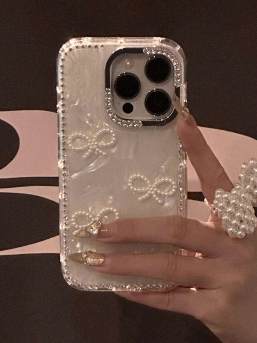 Estuche de teléfono con patrón de concha, lazo de moda de lujo 3D, perla, purpurina y cristal, compatible con iPhone 17ProMax 17Pro 17Air 17 16 15 14 13 12 Pro Max 11, cubierta trasera brillante y elegante, regalo de primavera y boda