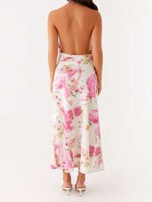 Women Summer Floral Long Dress With Scarf Floral Print Cowl Neck Sleeveless Backless Halter Neck Dress And Scarf For Beach Club Streetwear - Pink - View 5