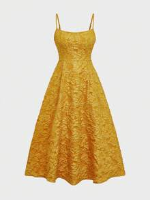 Floreya 夏季婚礼优雅纯色法式品质感修身喇叭吊带中长连衣裙，姜黄色 - 金色 - 查看 5