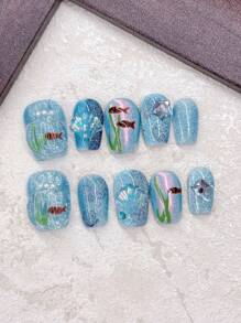 10PCS Blue Press On Nails Short Nails Ocean Shell Underwater World Summer Beach Essentials Nails Home DIY Nail Design Full Coverage Fake Nail Tips Artifical Fingernails For Women And Girls Manicure Supplies Office Daily Wear False Nails Purely Hand-Wear Nails Purely Hand-Wear Nails