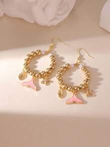MESTILO 2pcs Tropical Style Metal Faux Pearl Oil Drop Starfish, Fish, Seashell Design Earrings Suitable For Women Holiday & Vacation Wear