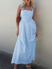 Unadell Women's Hanging Neck, Backless Zipper, Pleated Casual Elegant Dress, Suitable For Beach Vacations, Dates, Music Festivals Back To School